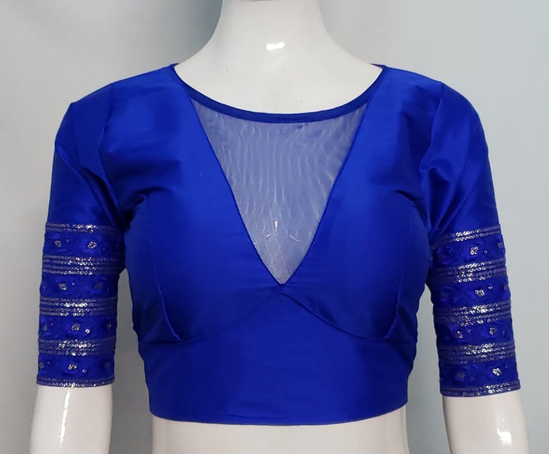 Royal Blue Color Samo Silk Blouse With Net