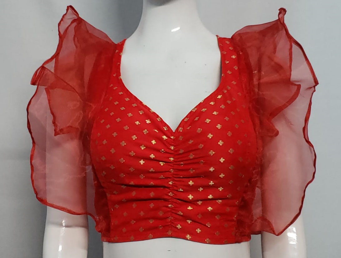 Candy Red Color Brocade With Organza Blouse