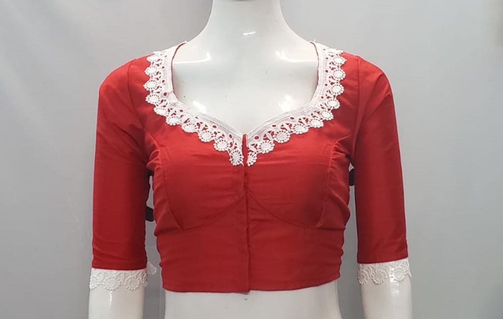 Crimson Red Color Cotton Silk Lace Embroidered Blouse