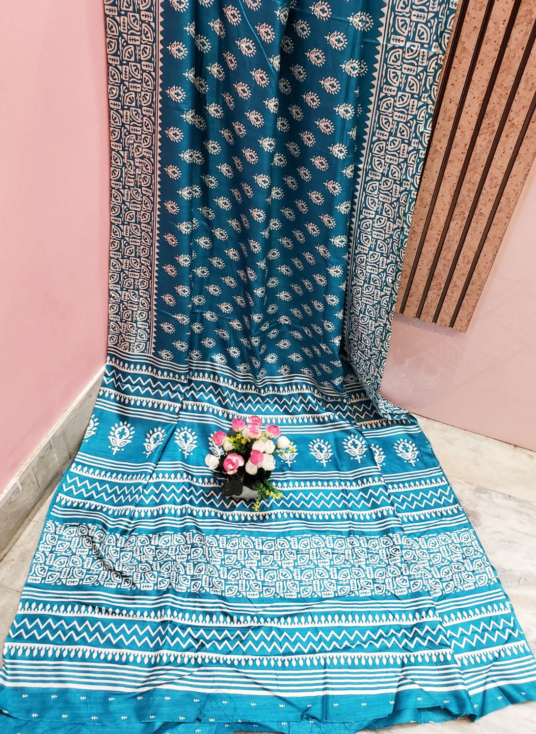 Sky Blue Color Printed Art Dupion Silk Saree