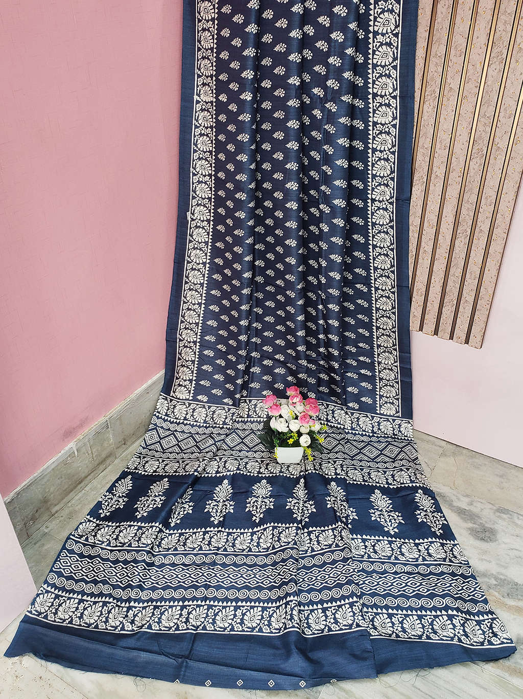 Navy Blue Color Printed Silk Saree