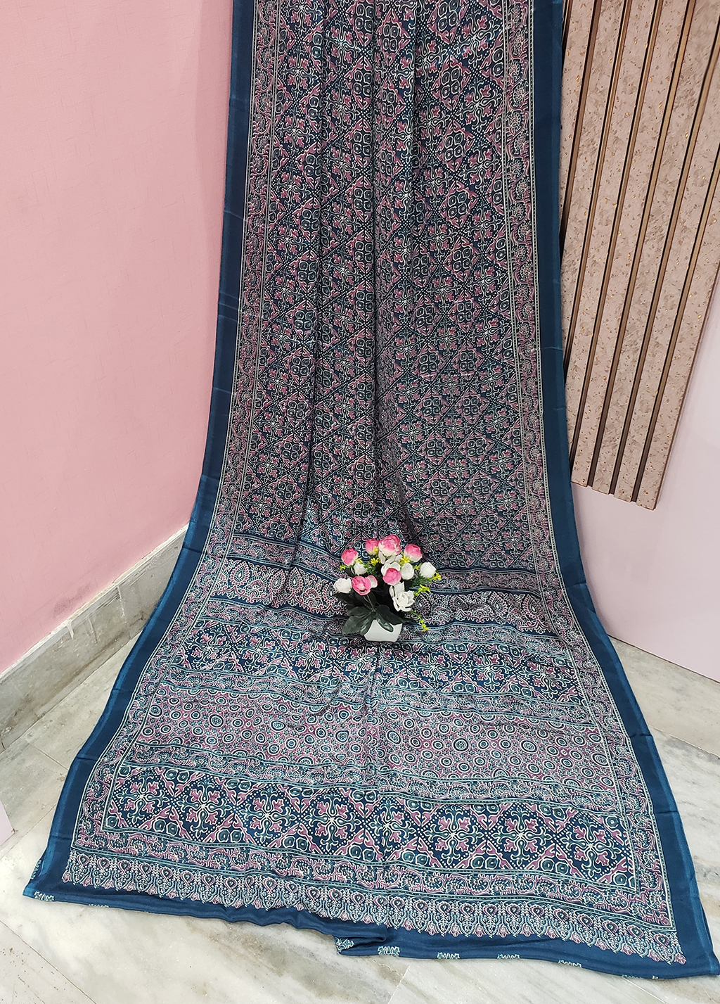 Prussian Blue Color Ajrakh Printed Modal Silk Saree