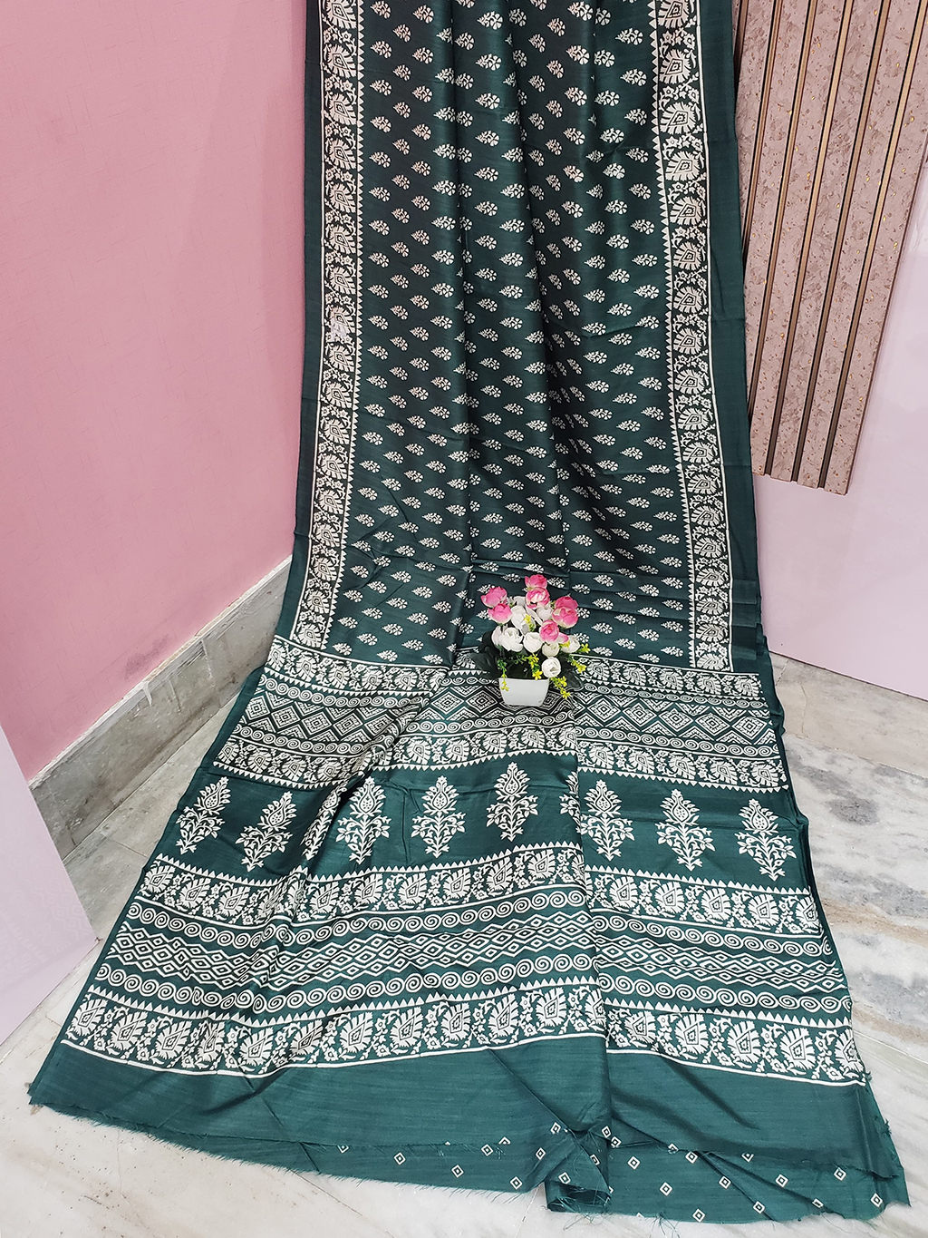 Bottle Green Color Printed Silk Saree