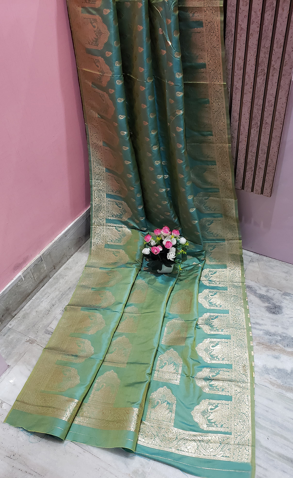 Viridian Green Color Katan Benarasi Saree