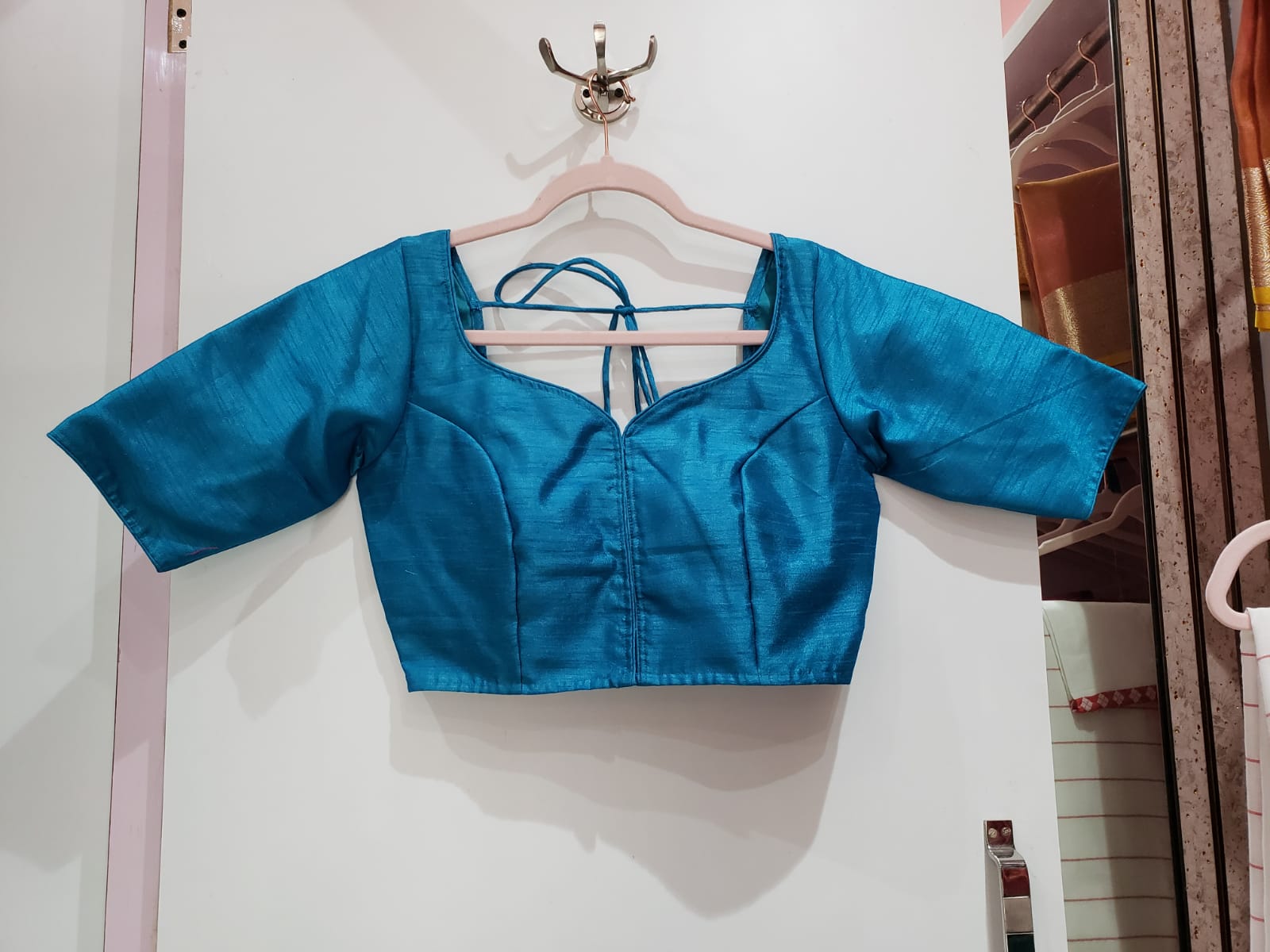 Turquoise Blue Color Raw Silk Blouse