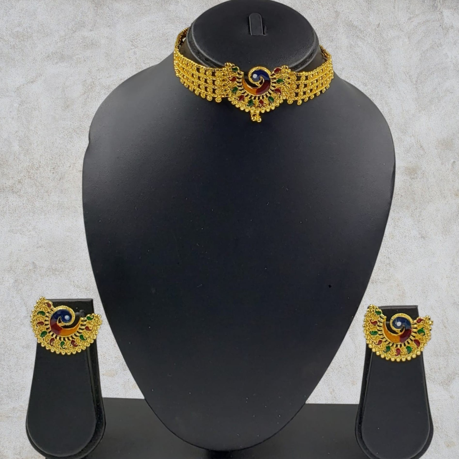 Gold Polish Meena Kari Choker Necklace Set