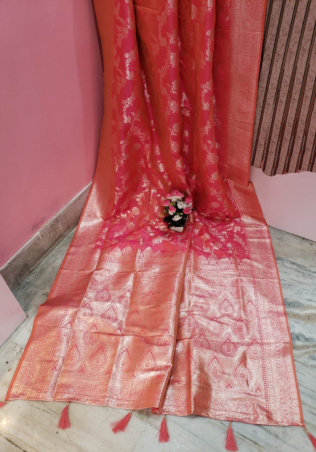 Flamingo Pink Color Jaal Katan Benarasi Saree